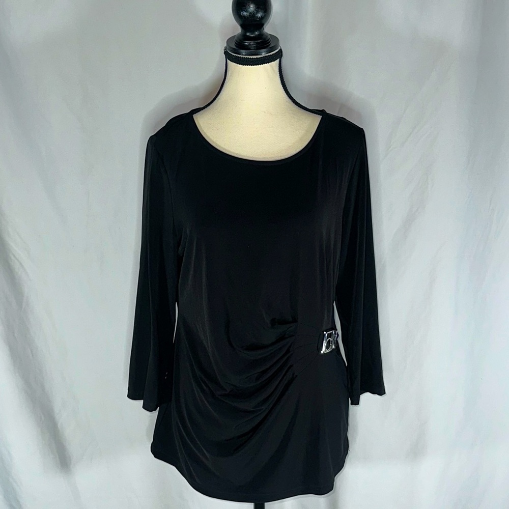 Calvin Klein - Black Draped Neck Silver Side Logo Buckle Cinched 3/4 Slv Size M